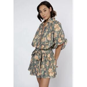 JULIET DUNN Floral Print Lamé Blouson Dress Size 3 Green Orange Button Front EUC